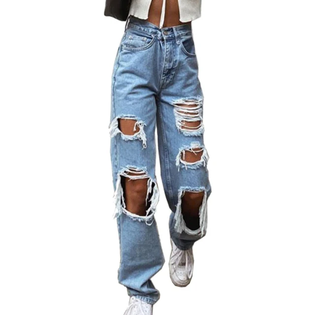 Women's Fashion Sexy Jeans Casual Pants Big Holes Long Trousers Women Jeans Ripped Frayed Loose  Denim Pants Women Clothing - Deanwangkt