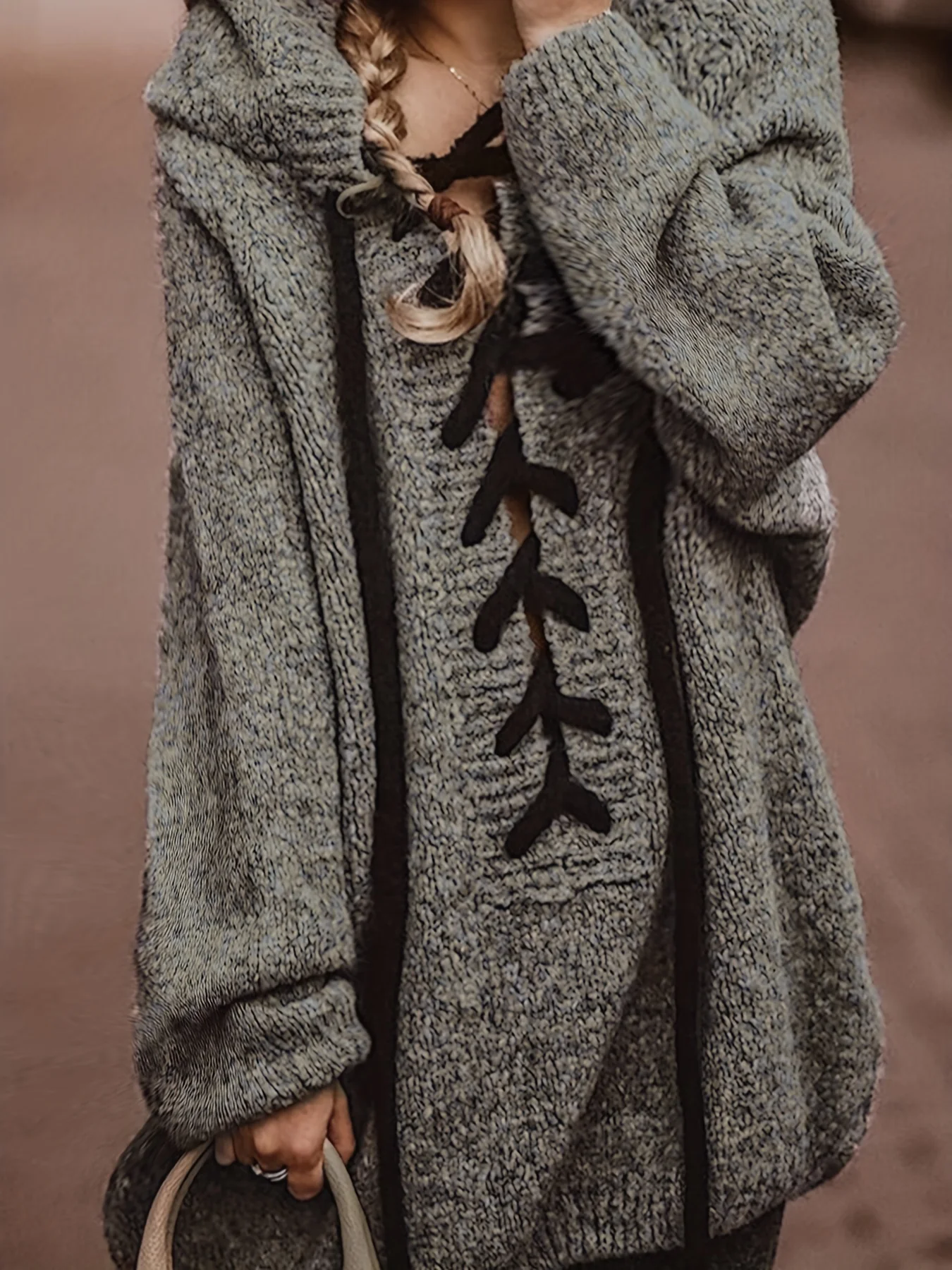 Solid Lace Up Drawstring Hooded Sweater, Casual Long Sleeve Loose Sweater For Fall & Winter, Women's Clothing - Deanwangkt