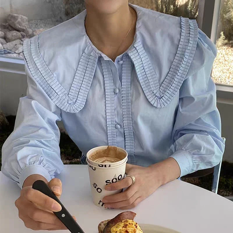 Graduation Gifts   Turn-Down Collar Puff Long Sleeve Button Loose Woman Shirt Solid White Women Blouses Tops Blusas Pleated Work Style OL Shirts - Deanwangkt