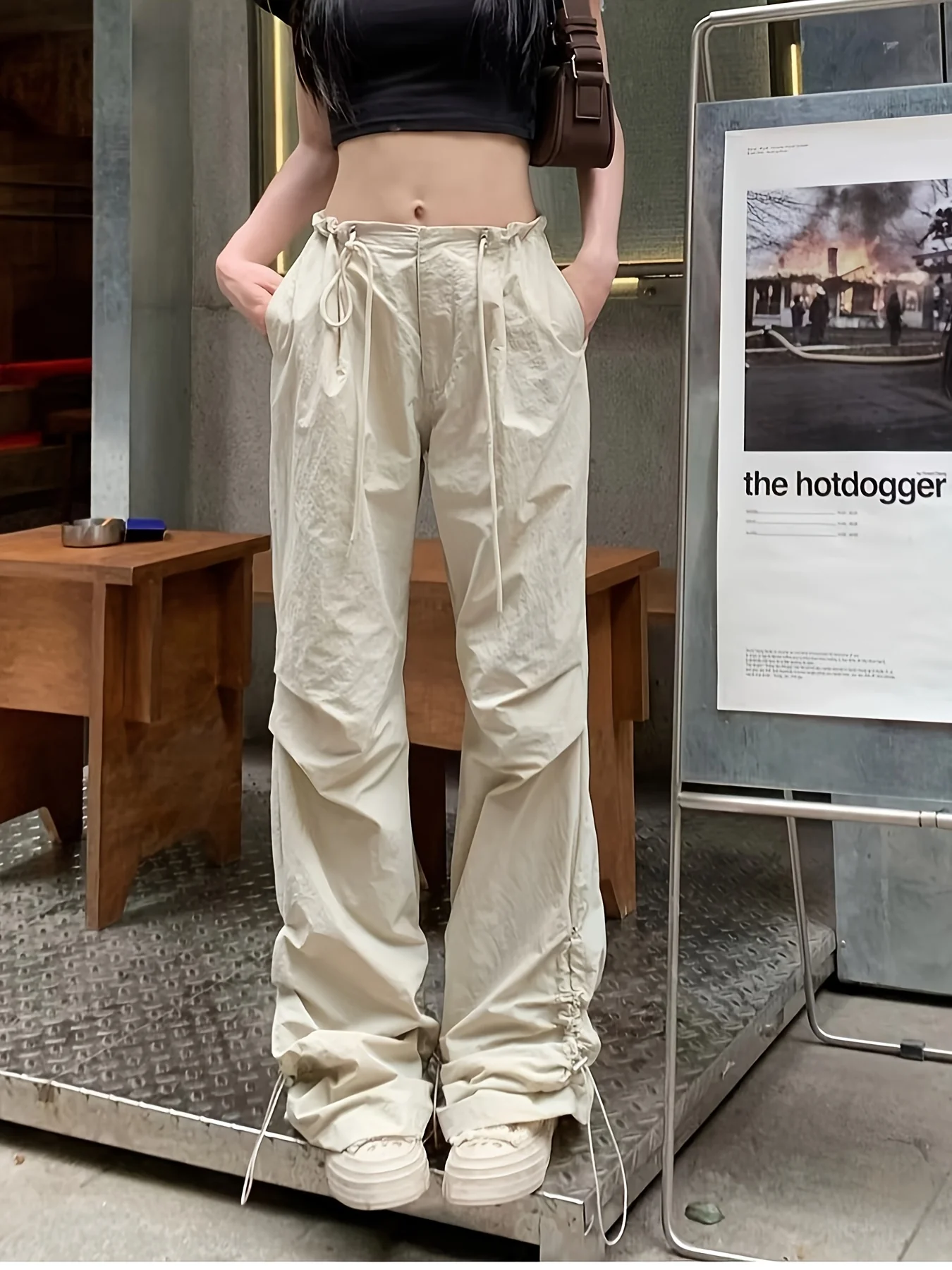 deanwangkt  Solid Drawstring Ruched Cargo Pants, Casual Baggy Streetwear Pants With Pocket, Women's Clothing - Deanwangkt