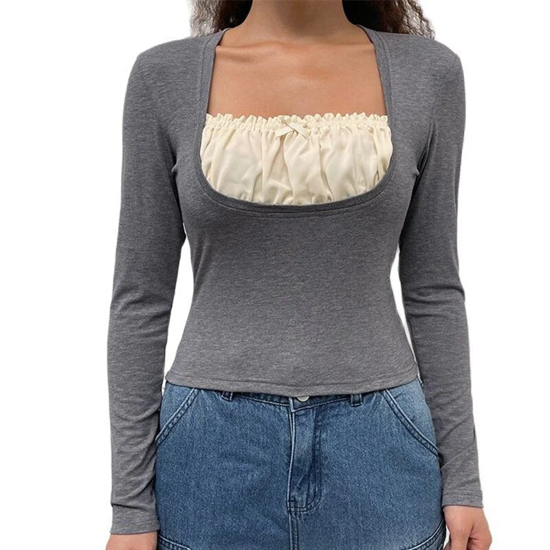 Long Sleeve T-Shirt Black Top Women Patchwork Lace Crop Top Winter Spring Women Pulovers Sexy Skinny V Neck Tees 90s Y2K Clothes - Deanwangkt