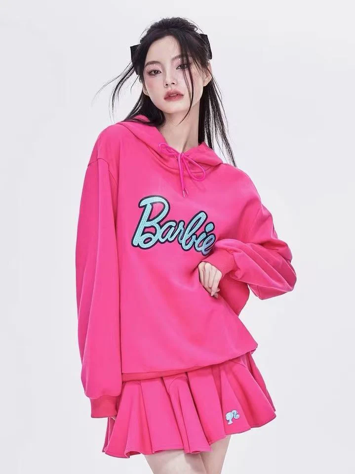 Joskka Barbie Inspired Outfits New Pure Cotton Barbie Drill Loose Sweater Dress Suit Y2K Girls Hooded Sweatshirt Pleated Skirt Fashion Girls Gifts - Deanwangkt