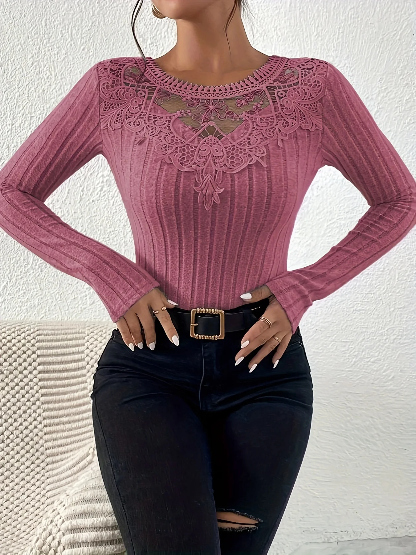 deanwangkt-1  Contrast Lace Ribbed T-shirt, Casual Crew Neck Long Sleeve T-shirt, Women's Clothing - Deanwangkt