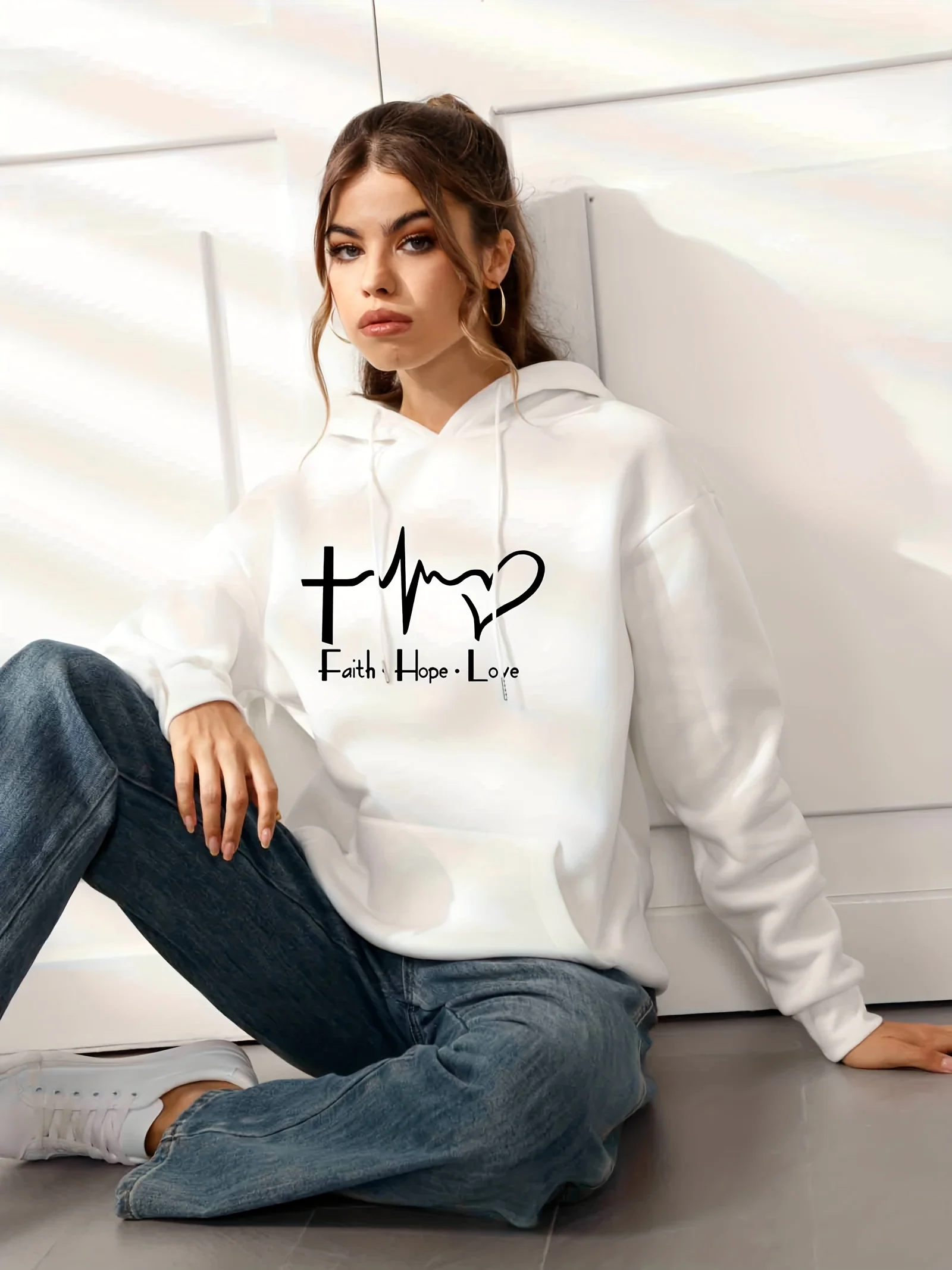 deanwangkt-1  Faith Hope And Love  Letter Hooded Sweatshirt With Front Pocket, Long Sleeve Causal Sports Drawstring Hoodie, Women's Sporty Sweatshirts - Deanwangkt