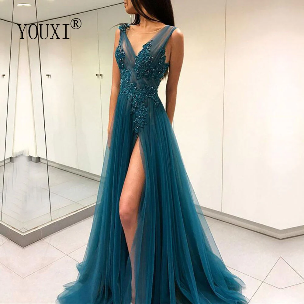 Sexy Split V-Neck Evening Dress Appliqued Beaded Pearls Long Prom Dresses Backless Formal Gown robe de soiree - Deanwangkt