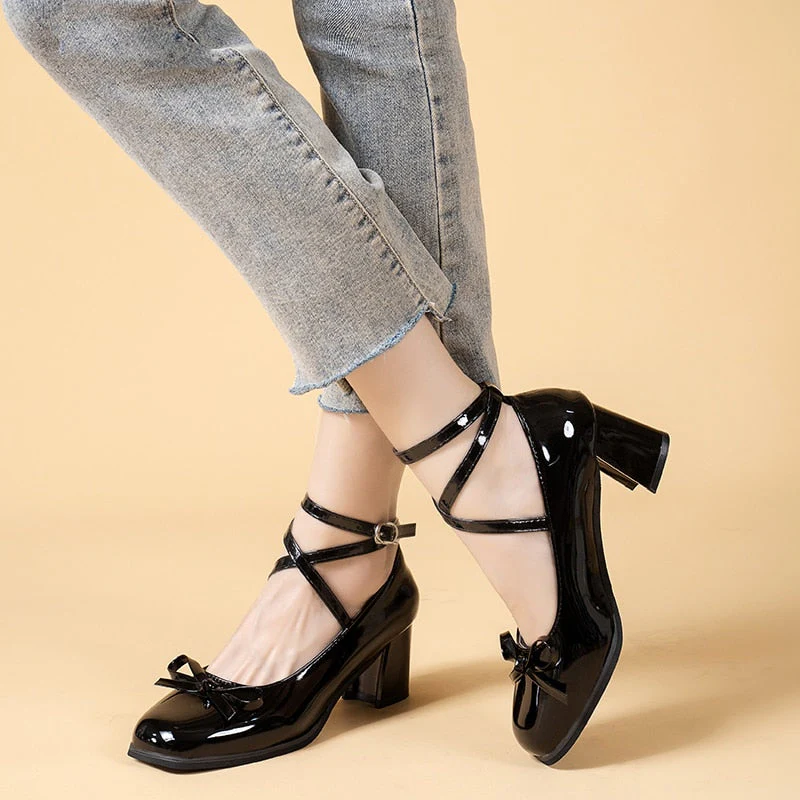 deanwangkt Black Retro Cross-Tie Pumps Casual  Summer Marry Janes Round Toe Shoes Ladies Lolita Sweet Fashion Shoes Woman Bow Design - Deanwangkt