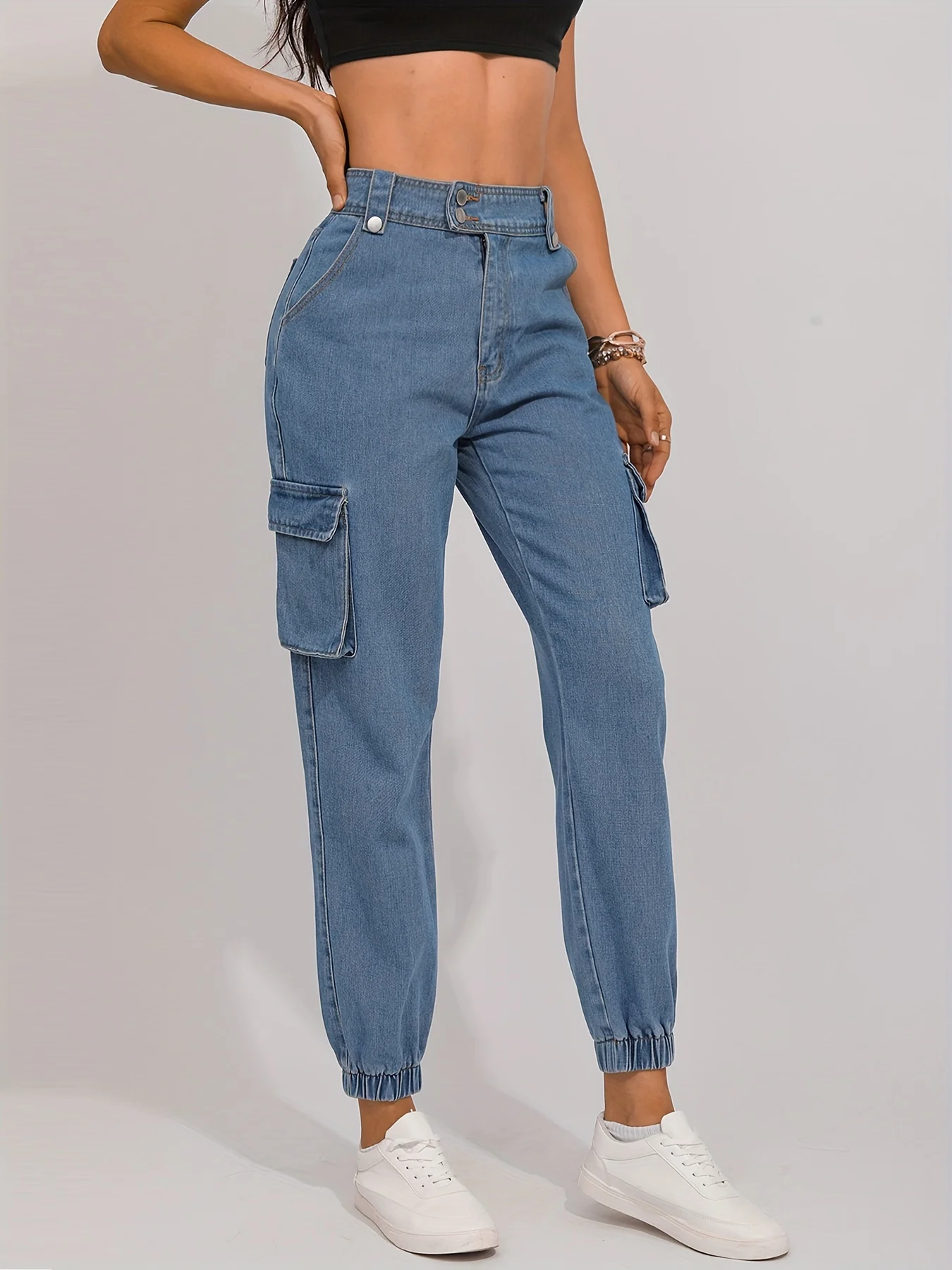 Flap Pocket Double Side Bottons Cargo Jeans, Wash Blue Street Jogger Jeans, Women's Denim Jeans & Clothing - Deanwangkt