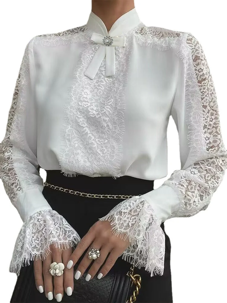 deanwangkt  Spring Blouse Women Fashion Female Shirts Lace Patchwork Blouses Office Lady Sexy Long Sleeve Tops - Deanwangkt