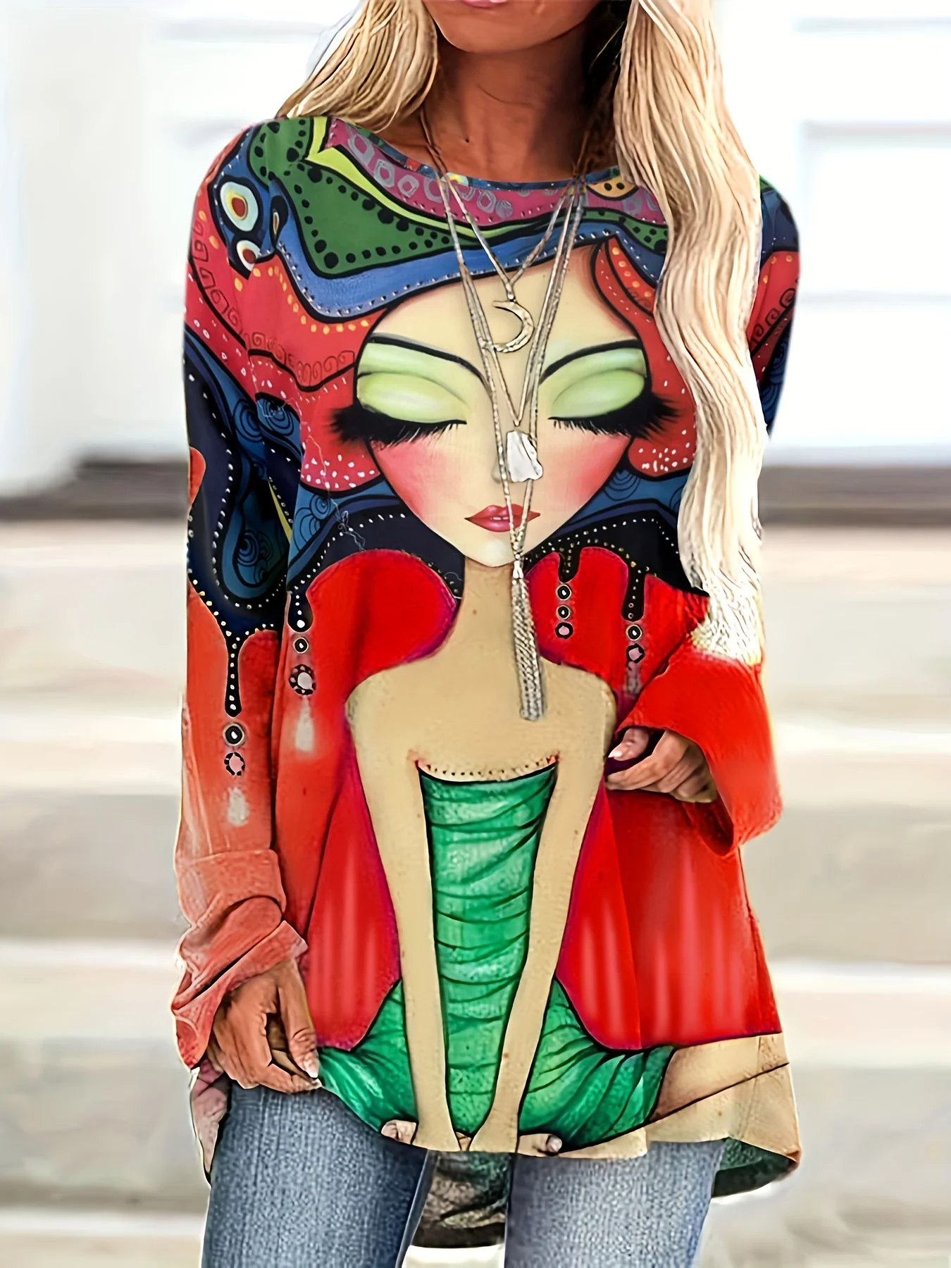 Plus Size Casual Top, Women's Plus Cartoon Figure Print Long Sleeve Round Neck Slight Stretch Top - Deanwangkt