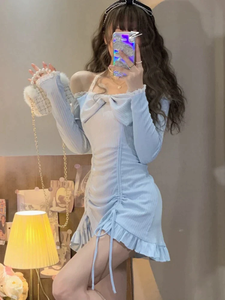 deanwangkt Korean Fashion Dresses Style Party Mini Dresses Women Strapless Sexy Kawaii Dresses Women Long Sleeve Lace Kawaii Lolita Dresses - Deanwangkt