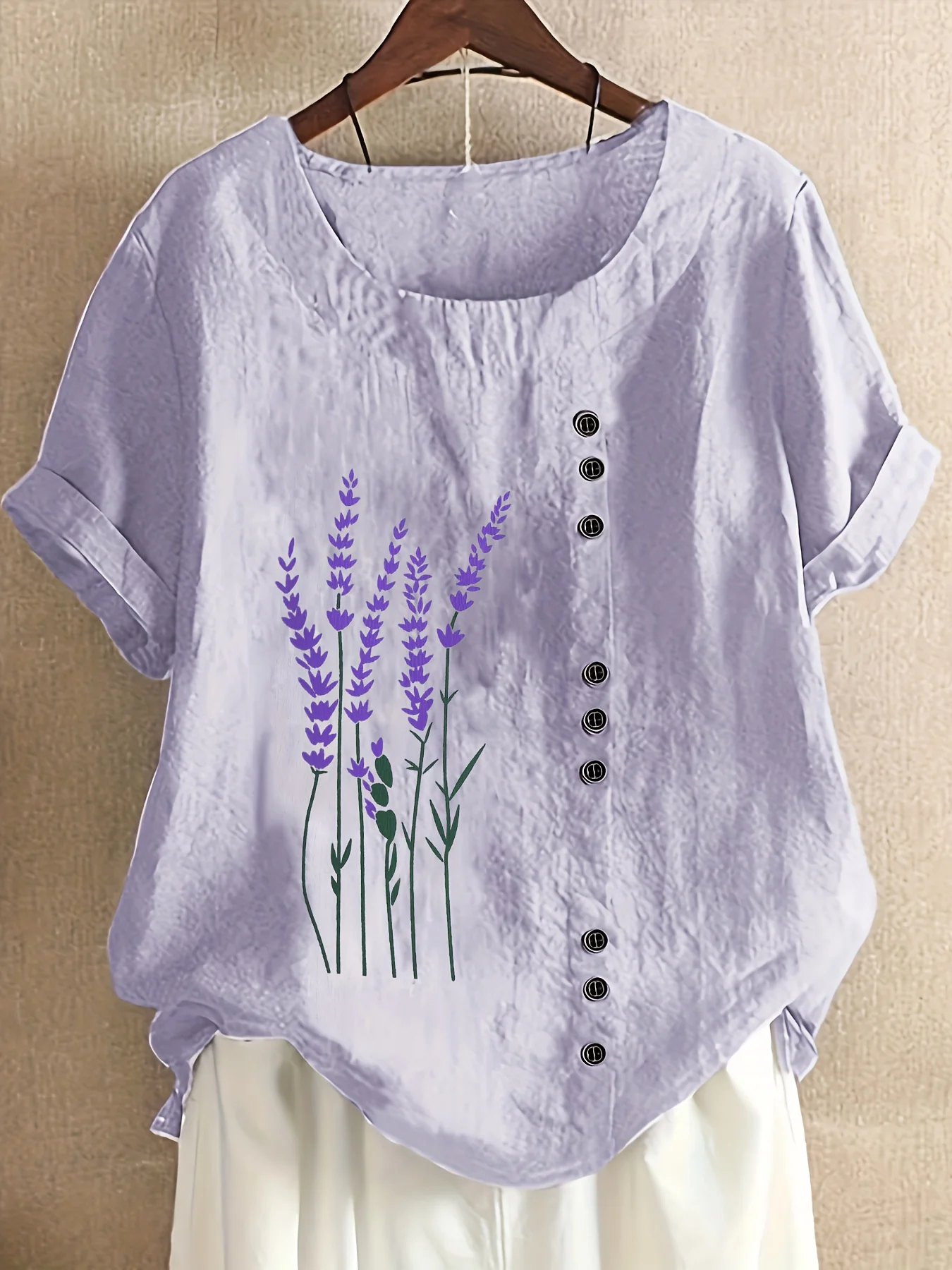 Dandelion Print Button Front Blouse, Casual Short Sleeve Blouse For Spring & Summer, Women's Clothing - Deanwangkt