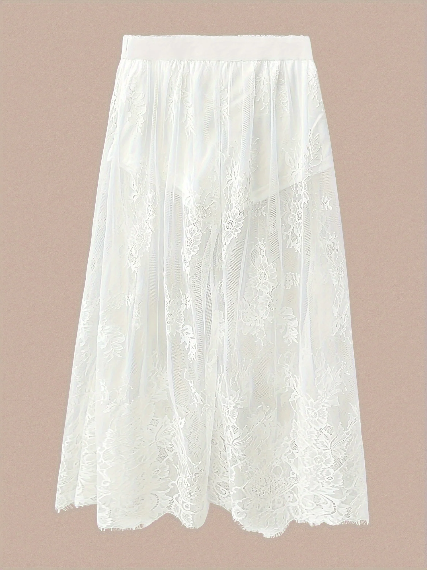Sheer Lace Raw Hem Skirt, Stylish High Waist Skirt For Spring & Summer, Women's Clothing - Deanwangkt