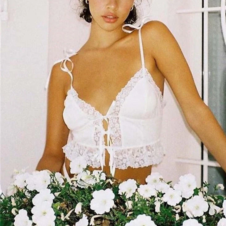 deanwangkt Frill Lace Sexy Crop Tops Tees Women Front Tie Sleeveless Cami Top Summer White V Neck Spaghetti Strap Top Party Club - Deanwangkt