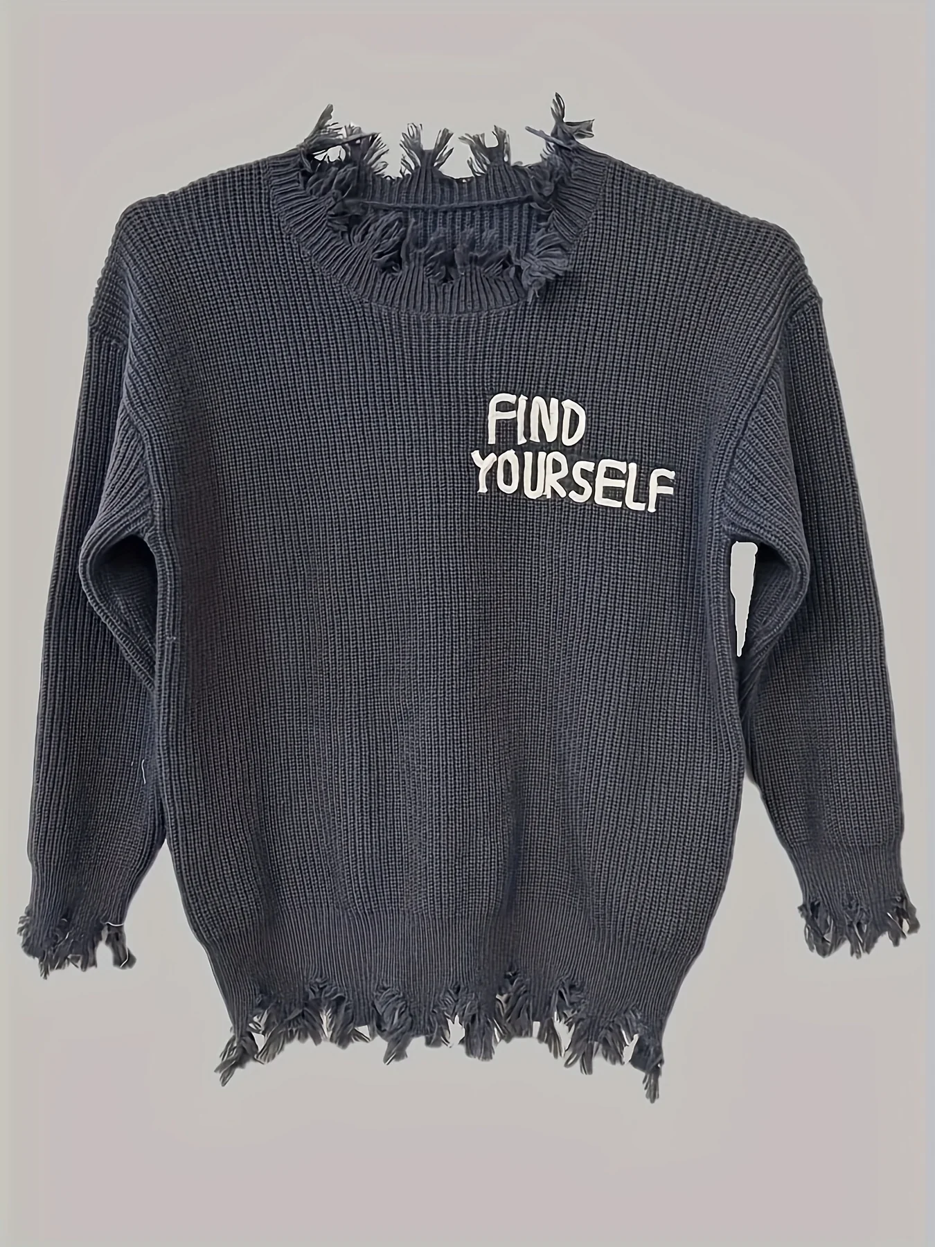 deanwangkt-1  Plus Size Mens Casual Raw Hemline Oversized Crew Neck Knit Sweater Pullover With Letter Embroidery Trend Long Sleeve Warm Sweaters For Fall Winter - Deanwangkt