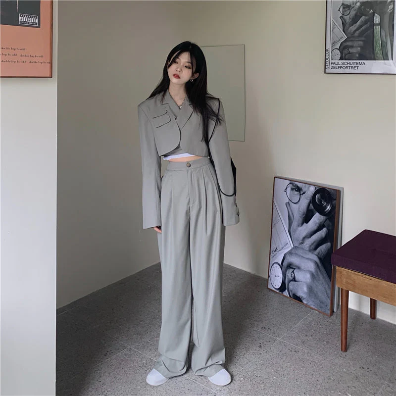 Korean summer Two Piece Set Women Crop Top Sexy Lace-up Blazer Coat + High Waist Pants Suit Sets Streetwear 2 Piece Sets Women - Deanwangkt