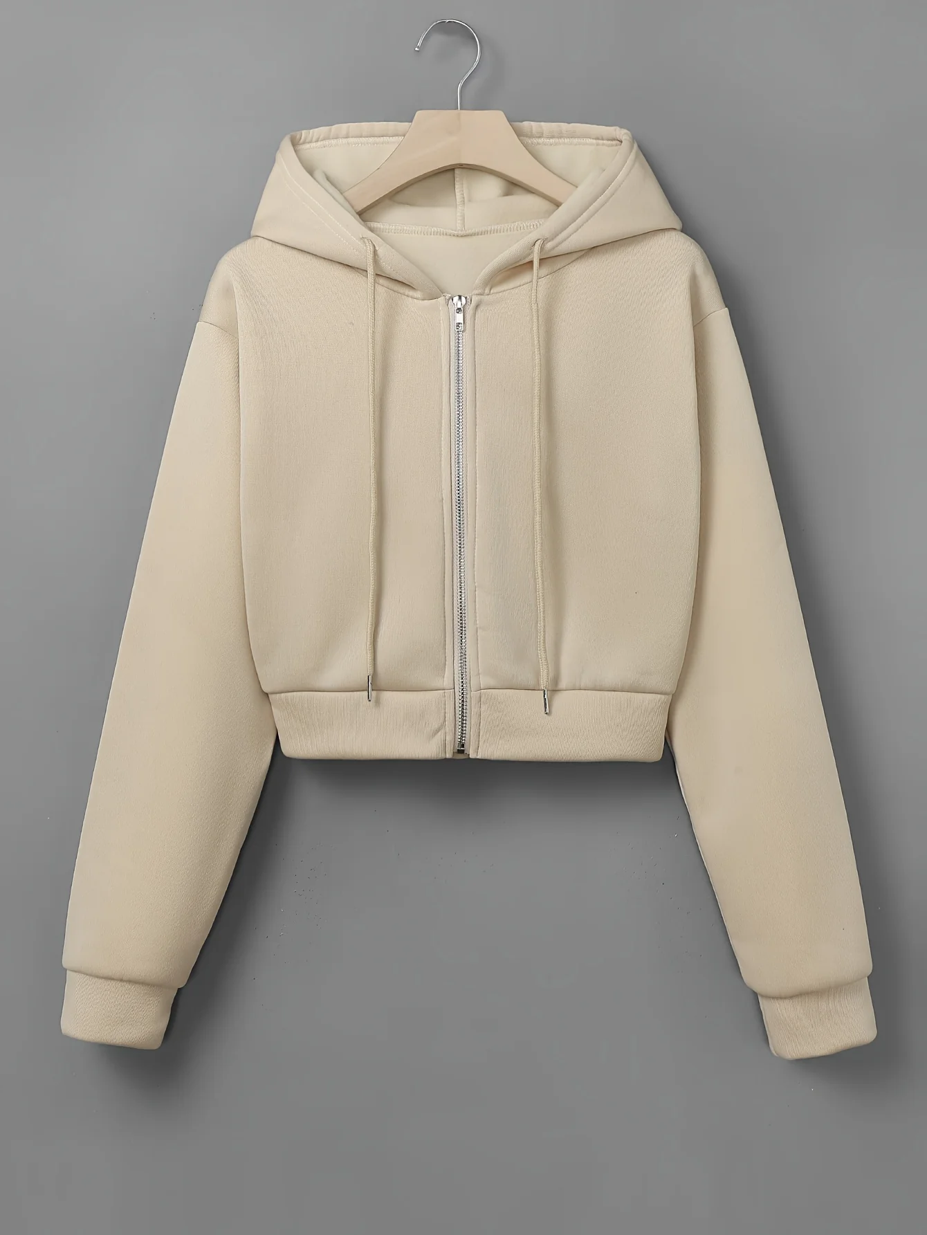 deanwangkt  Solid Zip Front Drawstring Crop Hoodie, Sexy Long Sleeve Hoodie For Spring & Fall, Women's Clothing - Deanwangkt