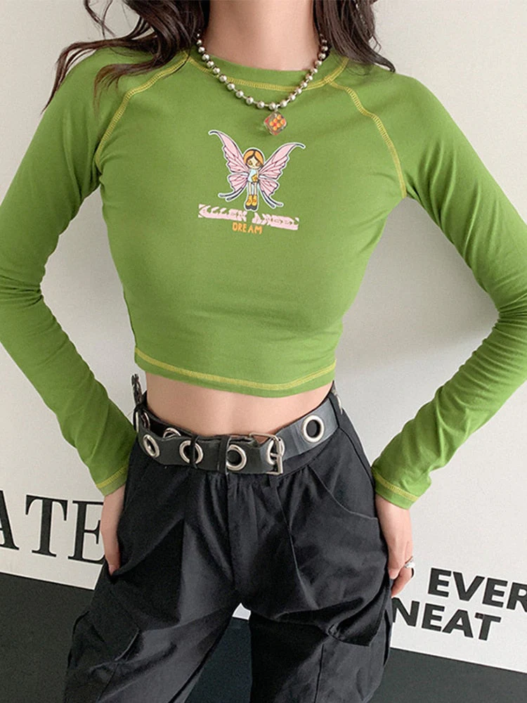 Graphic T Shirts Y2K Top Women Fairy Grunge Short Sleeve T-Shirts Slim Anime Crop Top Streetwear O Neck Tees 90s E-Girl Clothes - Deanwangkt