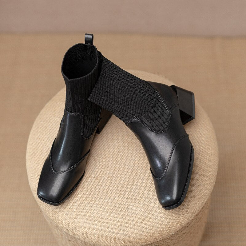 deanwangkt Autumn Winter New Ankle Socks Shoes Women Fashion Large Size  Knitted Short Boots Women Slip On High Heels - Deanwangkt