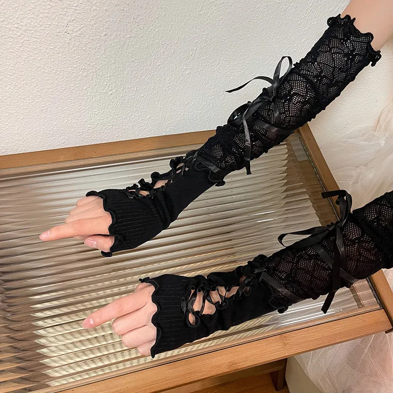 deanwangkt Sexy White Hollow Satin Bow Lace Gloves Lolita Bride Thin Sun Protection Arm Sleeves Women Summer Fingerless Sunscreen Mittens - Deanwangkt