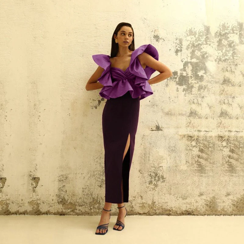 deanwangkt  Elegant Side Split Satin Evening Dresses Pleat Cap Sleeves Tea Length Prom Gown Lady Formal Occasion Dress - Deanwangkt