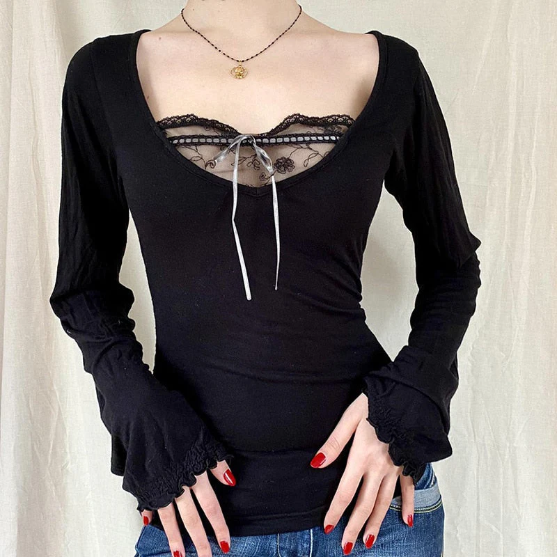 Long Sleeve T-Shirt Black Top Women Patchwork Lace Crop Top Winter Spring Women Pulovers Sexy Skinny V Neck Tees 90s Y2K Clothes - Deanwangkt
