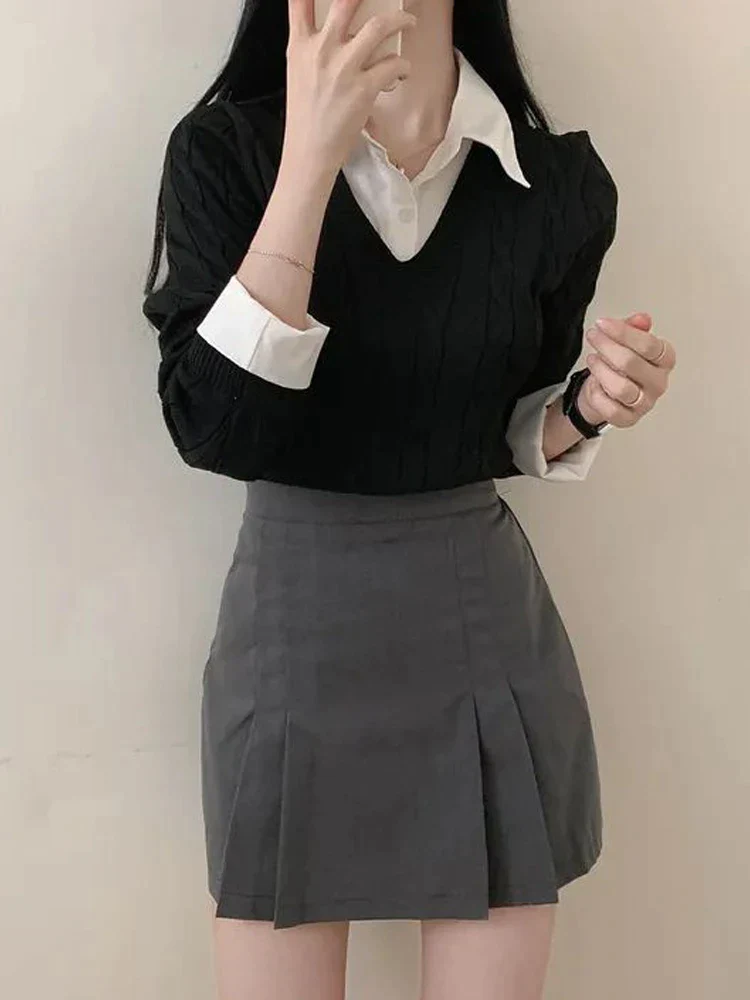 deanwangkt Autumn Knitted Pullover Women Preppy Style Fake Two Piece Sweater Korean Fashion Long Sleeve Top Female Elegant Patchwork Shirt - Deanwangkt