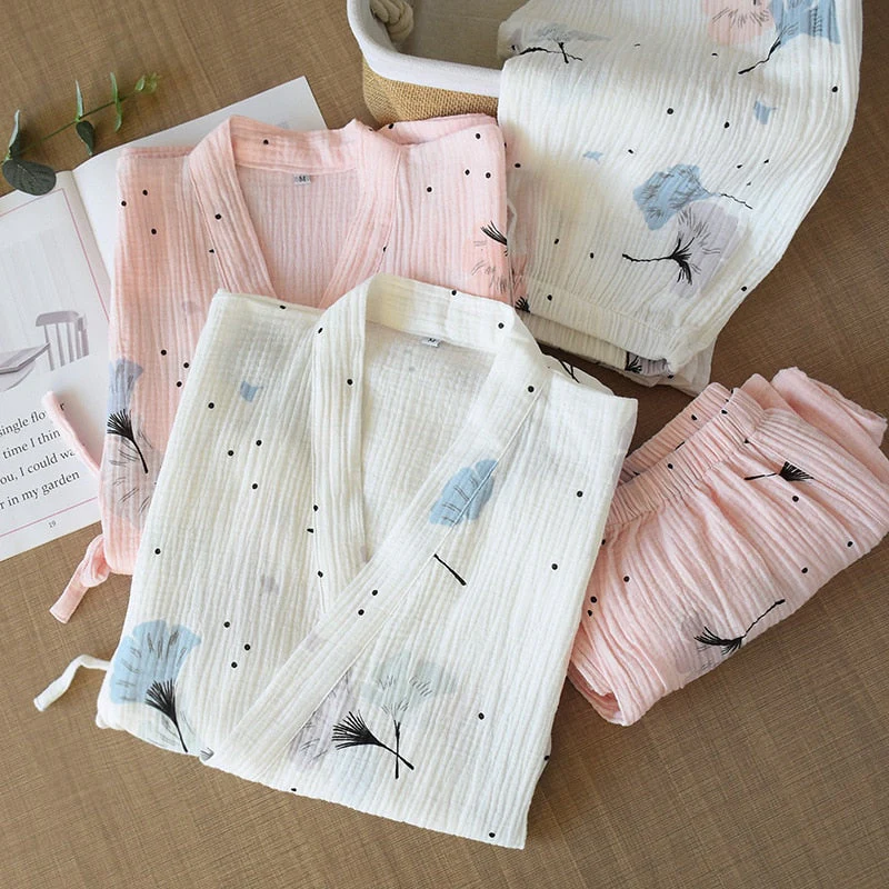 Spring and Summer Pure Cotton Yarn Kimono Pajamas V-Neck Printing Plus Size Pijama Mujer Loungewear Women 2 Piece Sleepwear - Deanwangkt