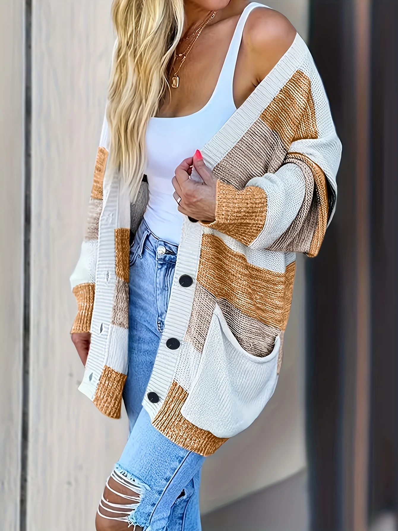 Striped Button Up Pocket Cardigan, Casual Long Sleeve Loose Sweater, Women's Clothing - Deanwangkt