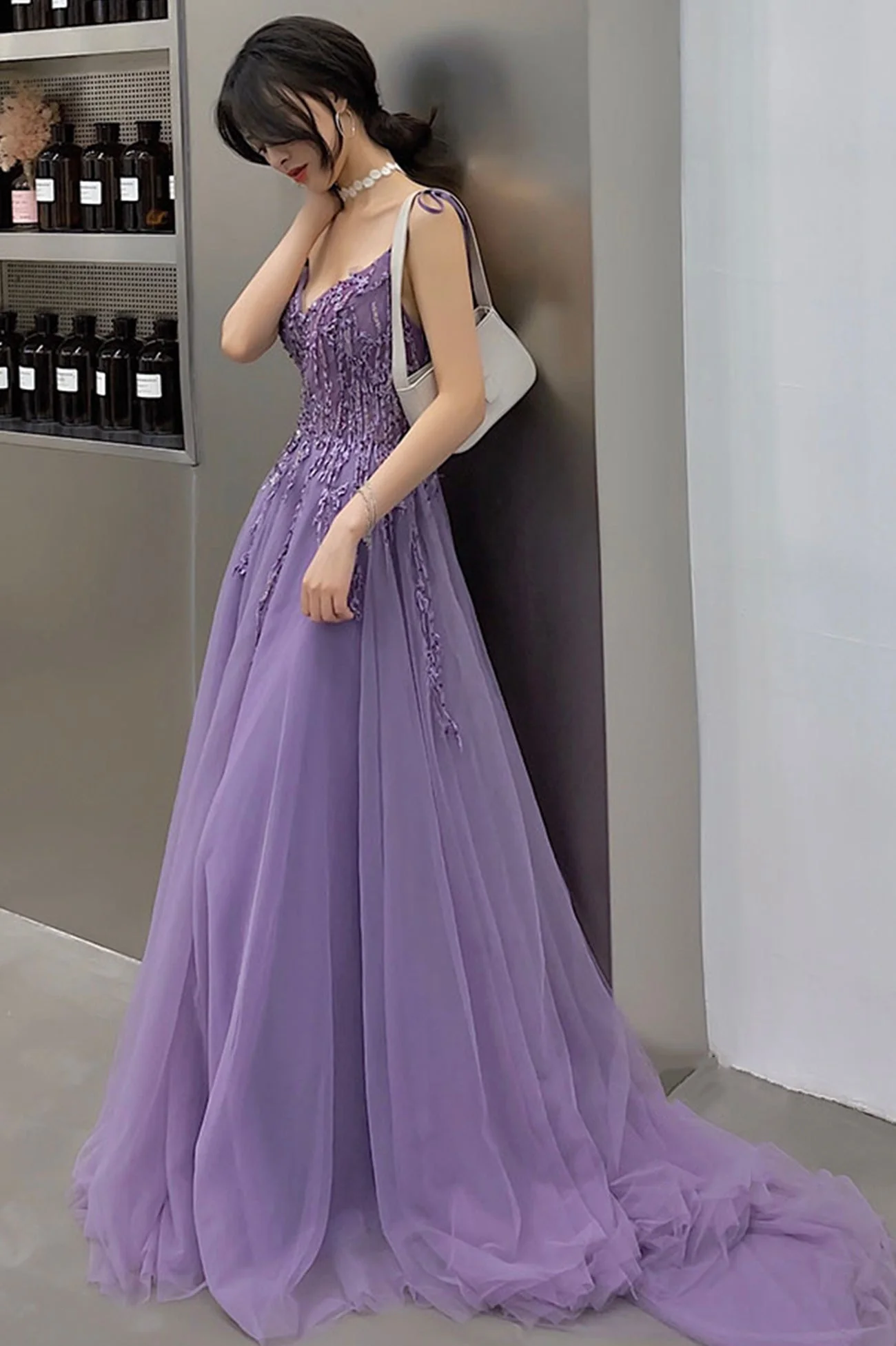 solvbao Purple Lace Long Prom Dresses, A-Line Purple Evening Graduation Dresses - Deanwangkt