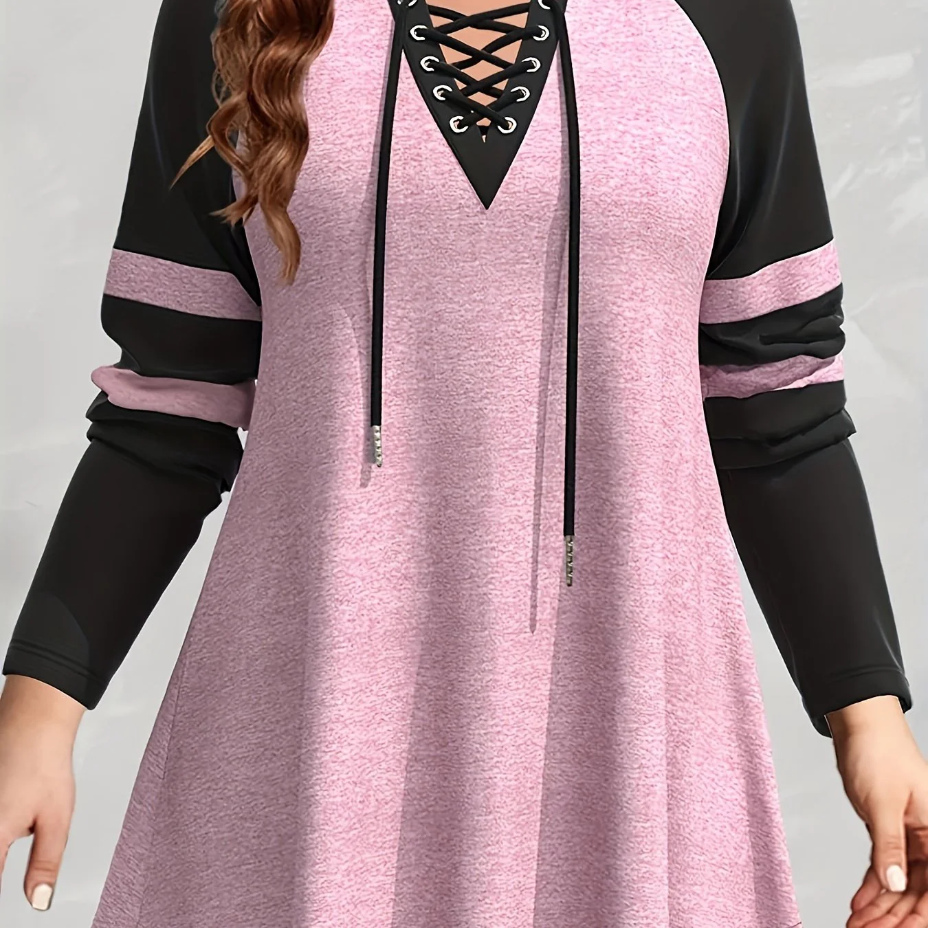 Plus Size Preppy Blouse, Women's Plus Colorblock Lace Up Long Sleeve Medium Stretch T-shirt - Deanwangkt