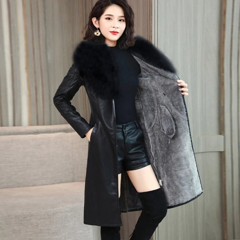 deanwangkt Women's Leather Jacket For Winter  New Plus Velvet Warm Slim Big Fur Collar Long Leather Coat Female Outerwear Winter Coats - Deanwangkt