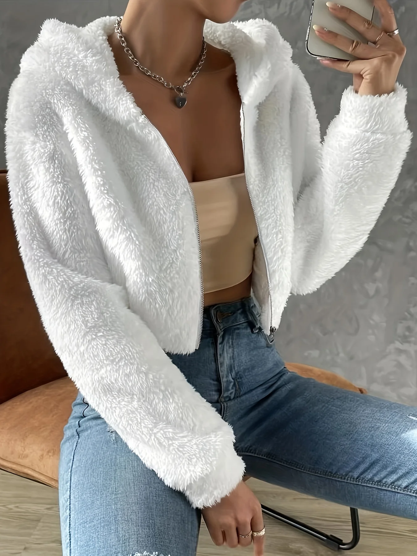 deanwangkt-1 Solid Zipper Hooded Crop Coat, Casual Faux Fur Thermal Coat, Women's Clothing - Deanwangkt