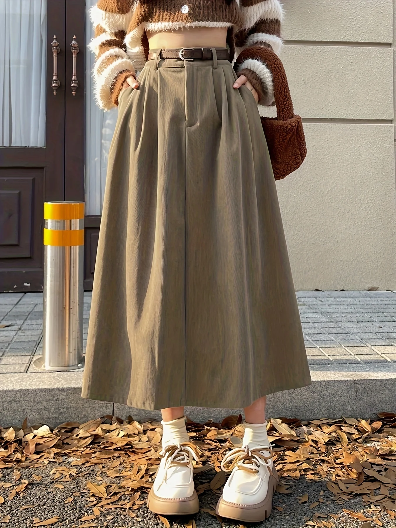 deanwangkt  Solid Flared Skirt, Casual High Waist Midi Skirt With Belt, Women's Clothing - Deanwangkt