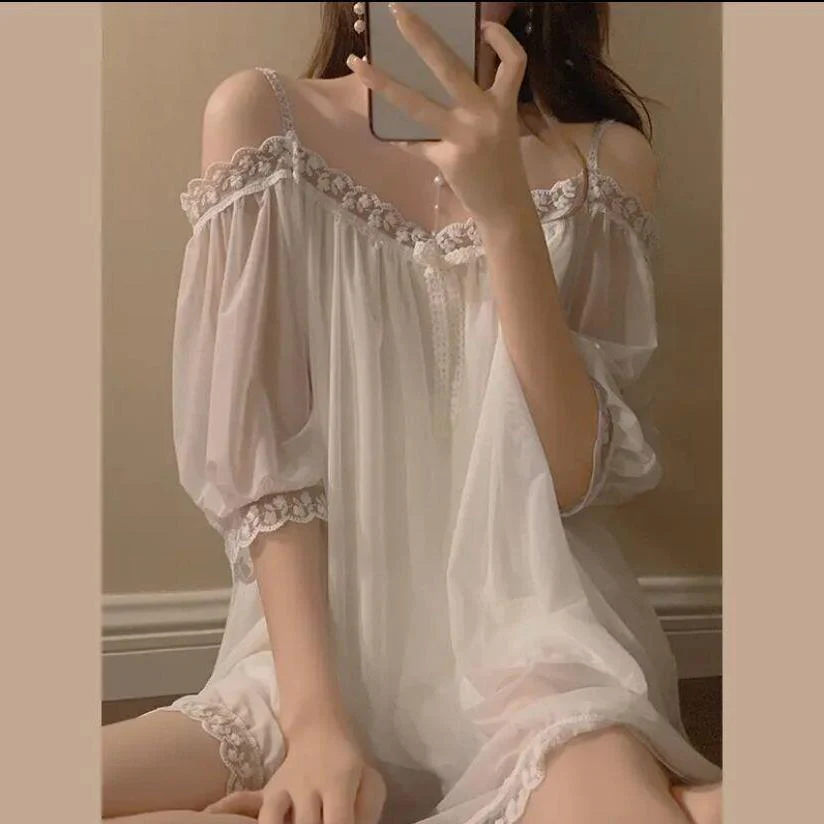Sleepwear Women Nightwear Women's Sweet New Summer Long-sleeved Sexy Lace Home Clothes Night Gown Sleep Dress - Deanwangkt
