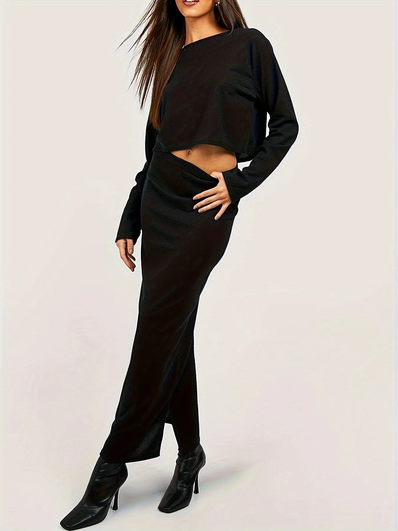 Elegant Solid Two-piece Skirt Set, Crew Neck Long Sleeve Top & High Waist Slit Skirts Outfits, Women's Clothing - Deanwangkt