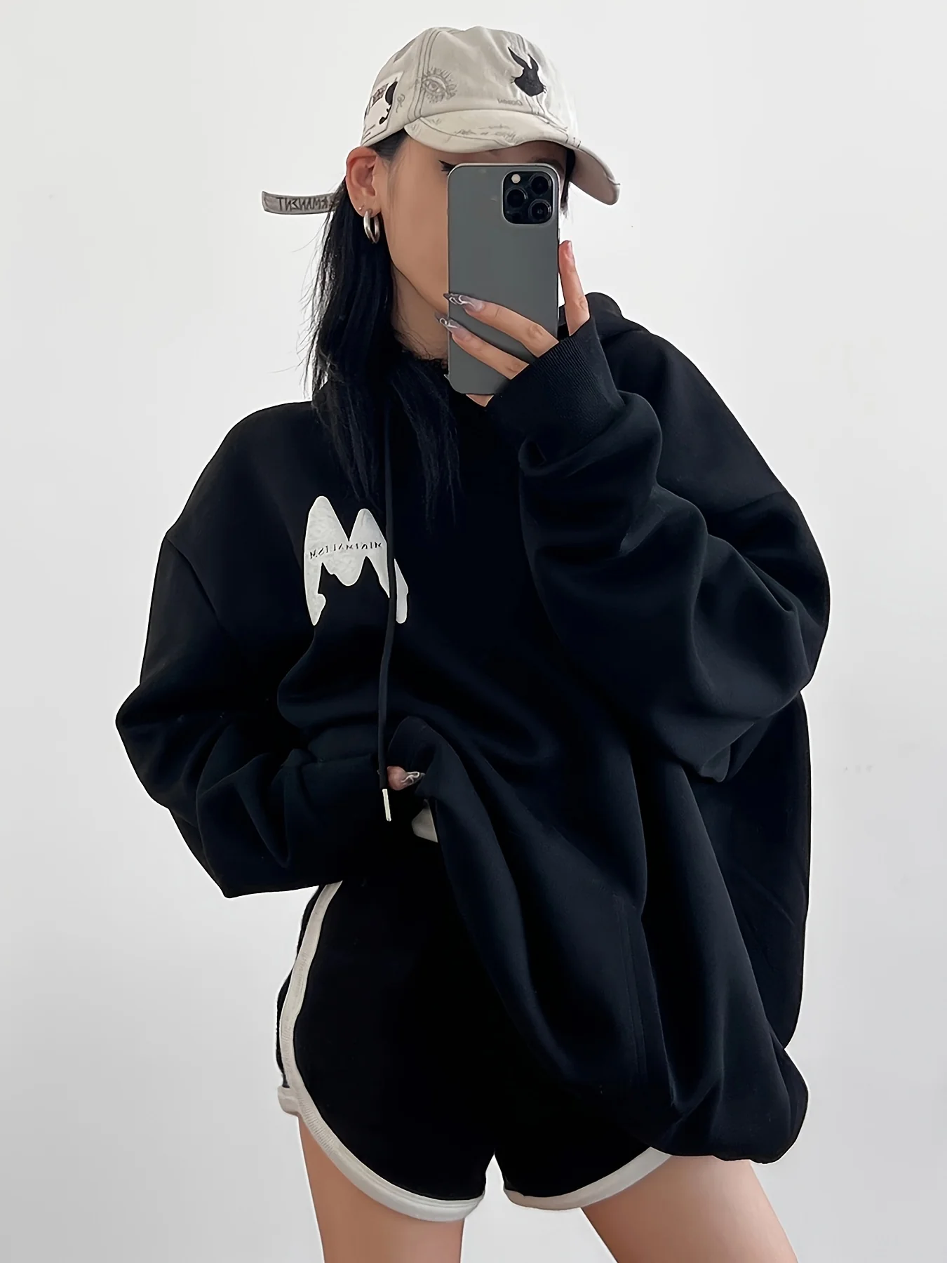 Minimalism Letter Print Drawstring Oversized Pocket Hoodies, Casual Fall Winter Sweatshirt, Women's Clothing - Deanwangkt