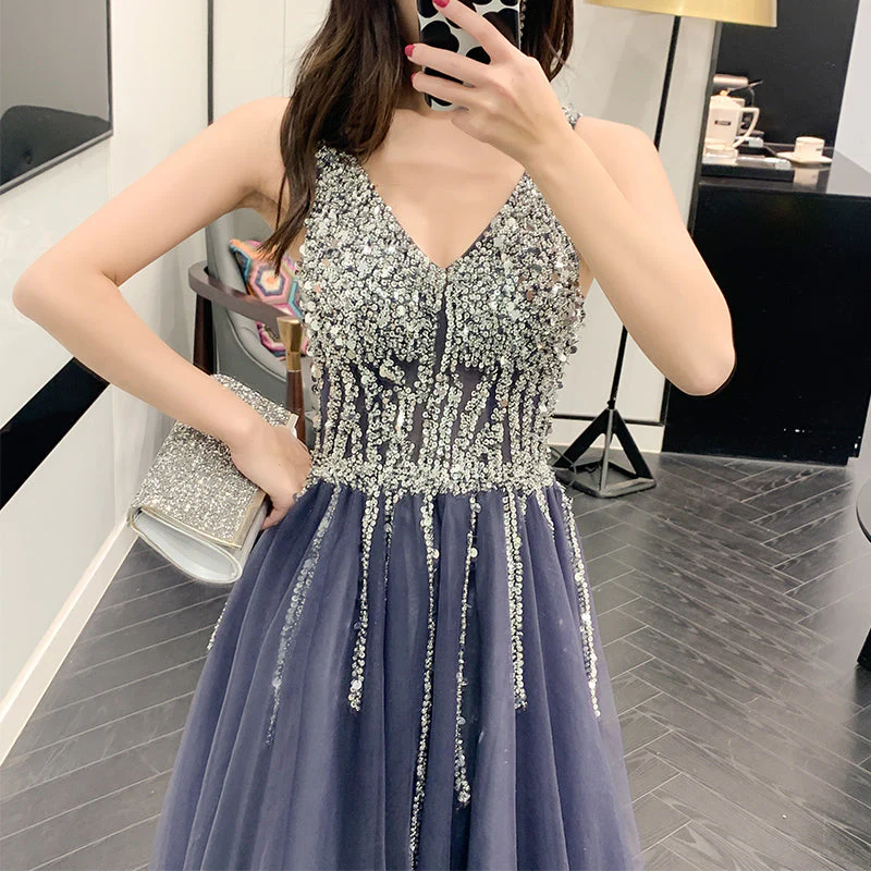 Solvbao Purple V-neckline Beaded Tulle Long Formal Dresses, Purple Evening Gown Prom Dresses - Deanwangkt