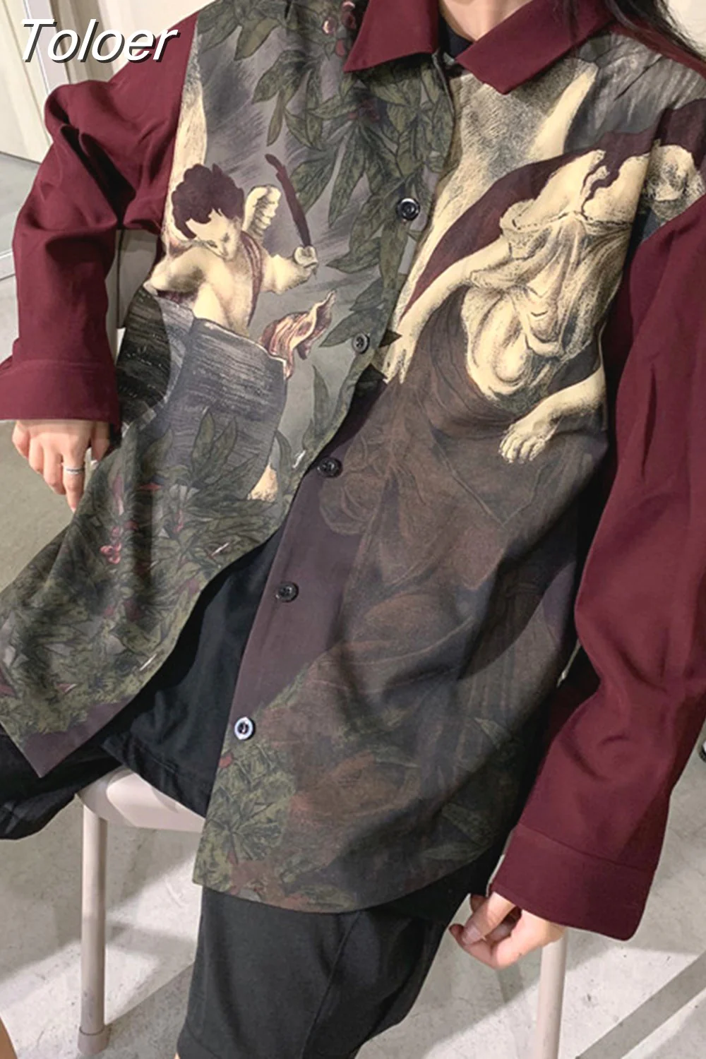 deanwangkt Vintage Angel Print Blouse Shirt Japanese Streetwear Blusas Cardigan Long Sleeve Oversized Tops Women Men Clothes Blusas - Deanwangkt