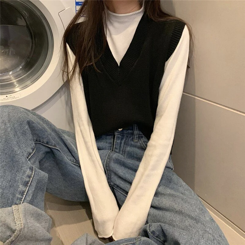deanwangkt Women's Knitted Vest Simple Solid Sleeveless Pullover Autumn Winter Korean V Neck Loose Sweater Vest Female Waistcoat Chic Tops - Deanwangkt