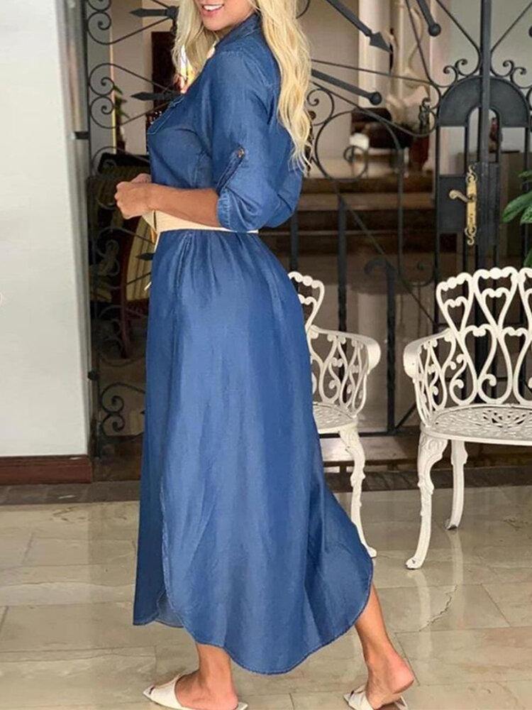 deanwangkt Casual Lapel Button Three Quarter Sleeve Solid Denim Maxi Dress - Deanwangkt