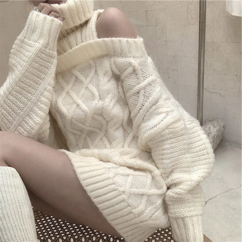 deanwangkt Autumn Winter Korean Style Women Turtleneck Knitted Sweaters Fashion Wild Knitwear Outwear Female Sexy Off Shoulder Pullovers - Deanwangkt