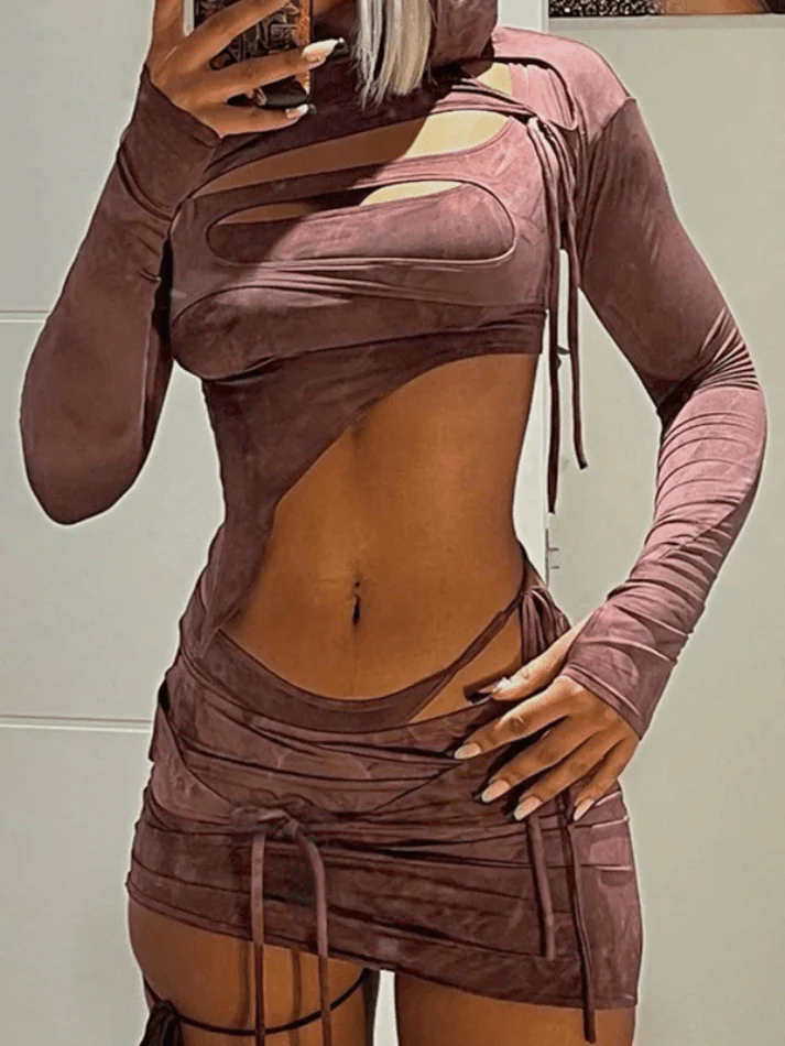 deanwangkt - Hollow out Crop Top And Wrap Hip Skirt Two Piece - Deanwangkt