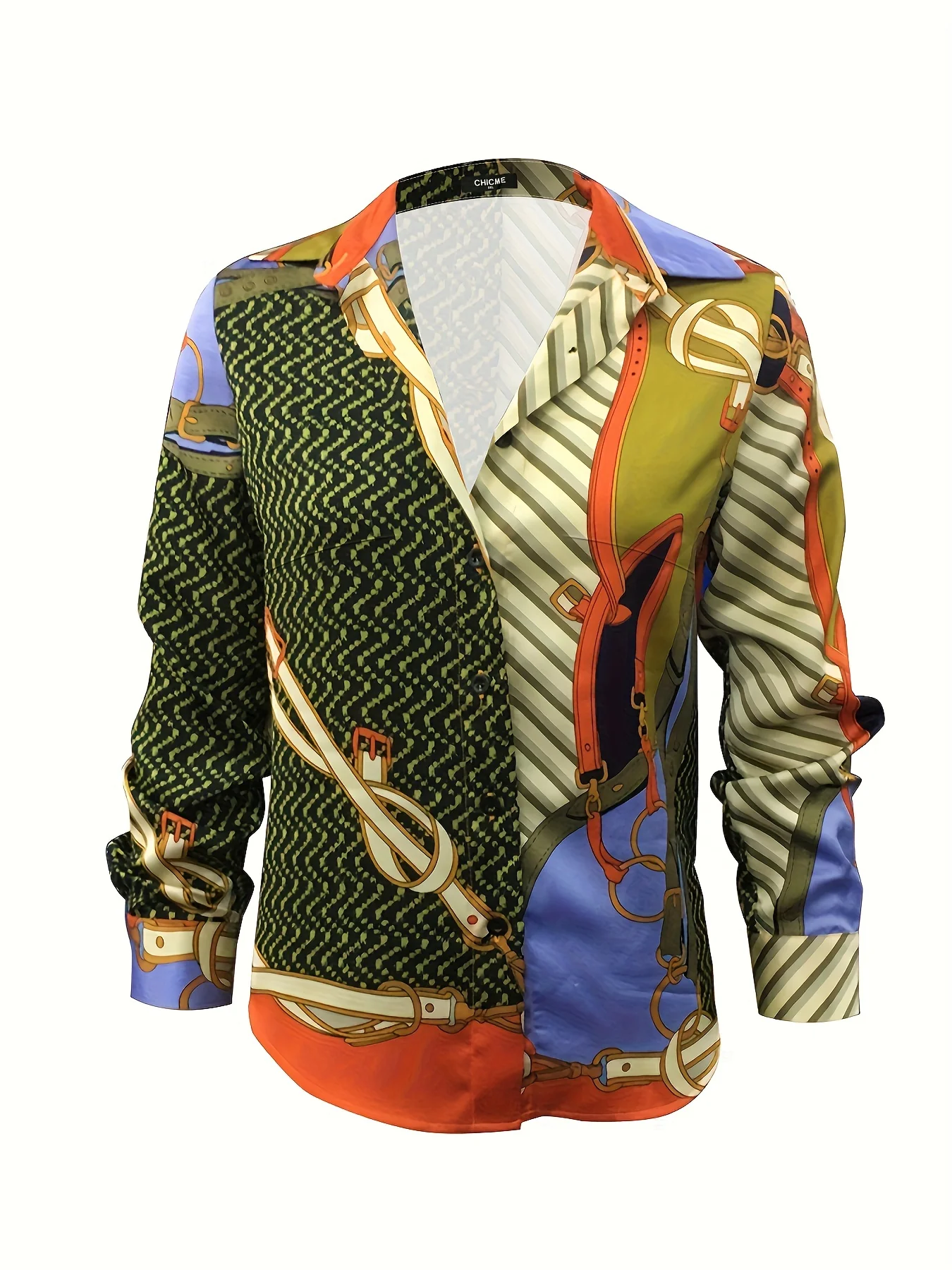 Plus Size Casual Blouse, Women's Plus Colorblock Chain Print Long Sleeve Button Up Shirt - Deanwangkt