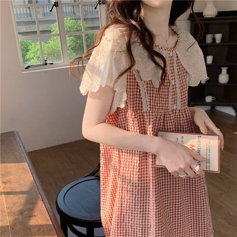 deanwangkt Plaid Retro Elegant Casual NightDress Soft Ruffles Sweet Simple Summer O-Neck Princess Long Sleepwear Cotton Lace Short sleeve - Deanwangkt