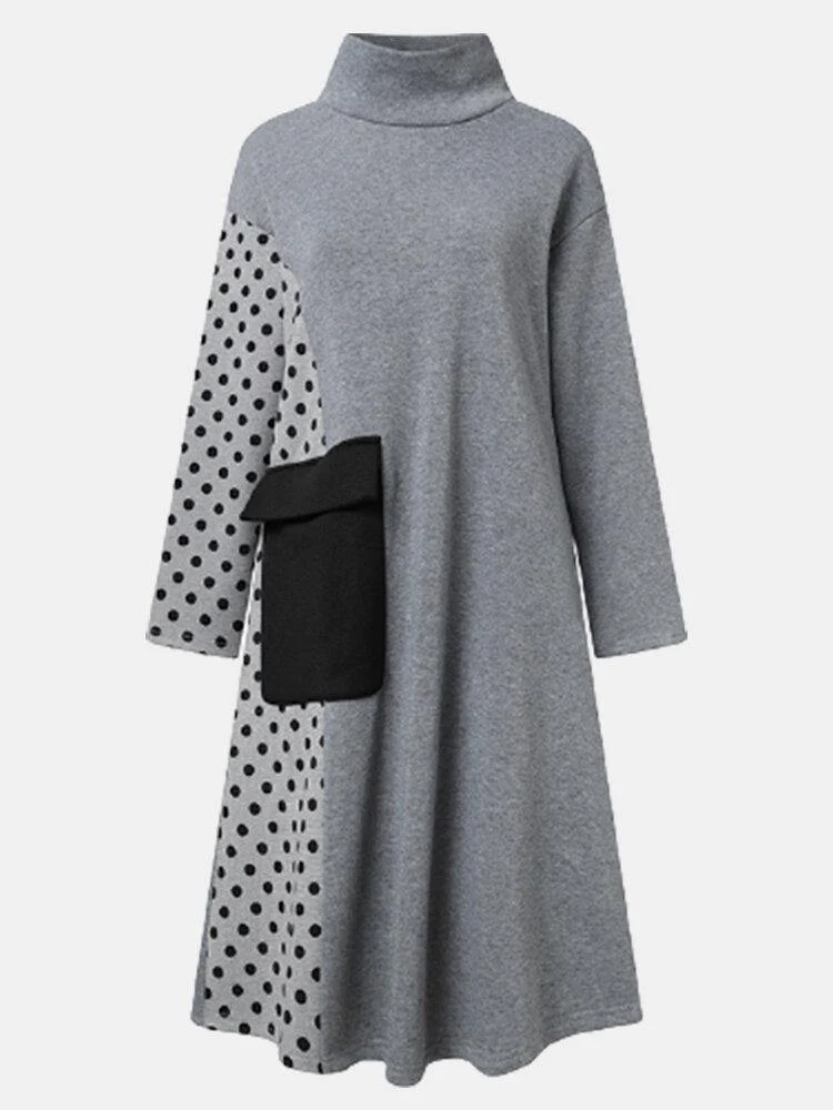 deanwangkt Women Patchwork Polka Dot Print Drop Shoulder Turtleneck Casual Dresses - Deanwangkt