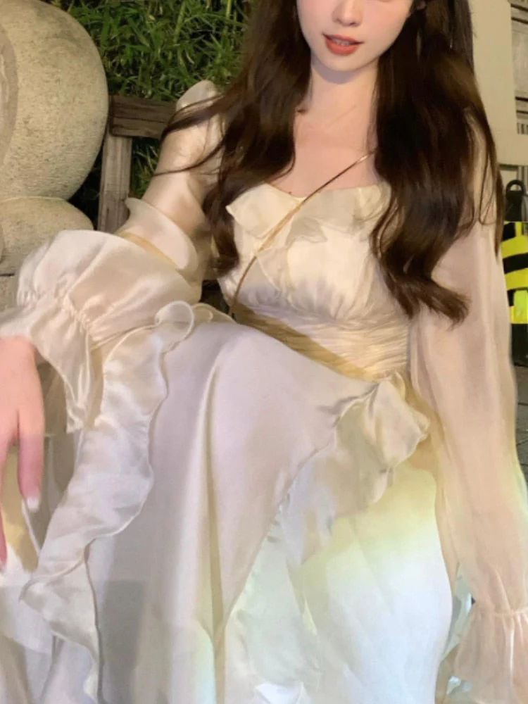 Joskka Solid France Style Elegant Dress Women Flare Sleeve Sweet Fairy Midi Dress Ladies High-waisted Chic Party Dress Summer  New - Deanwangkt