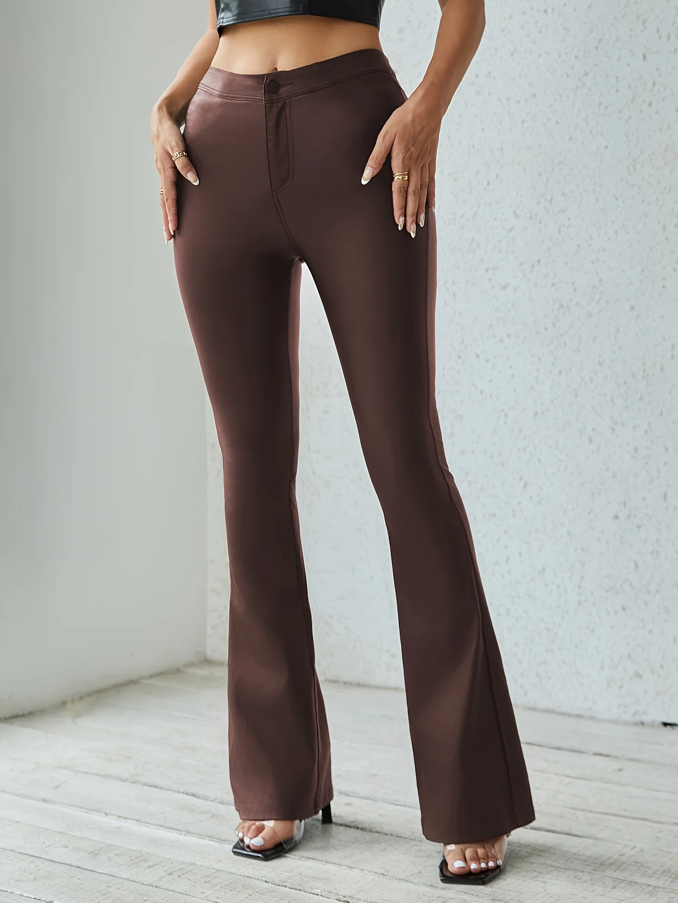 deanwangkt Faux Leather Flare Leg Pants, Casual Slim Long Length Pants, Women's Clothing - Deanwangkt