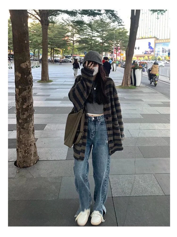 deanwangkt Trend Zipper Simple Literary Jeans Dark Lazy Straight Pants Summer New Women's High Waist Temperament Trousers - Deanwangkt