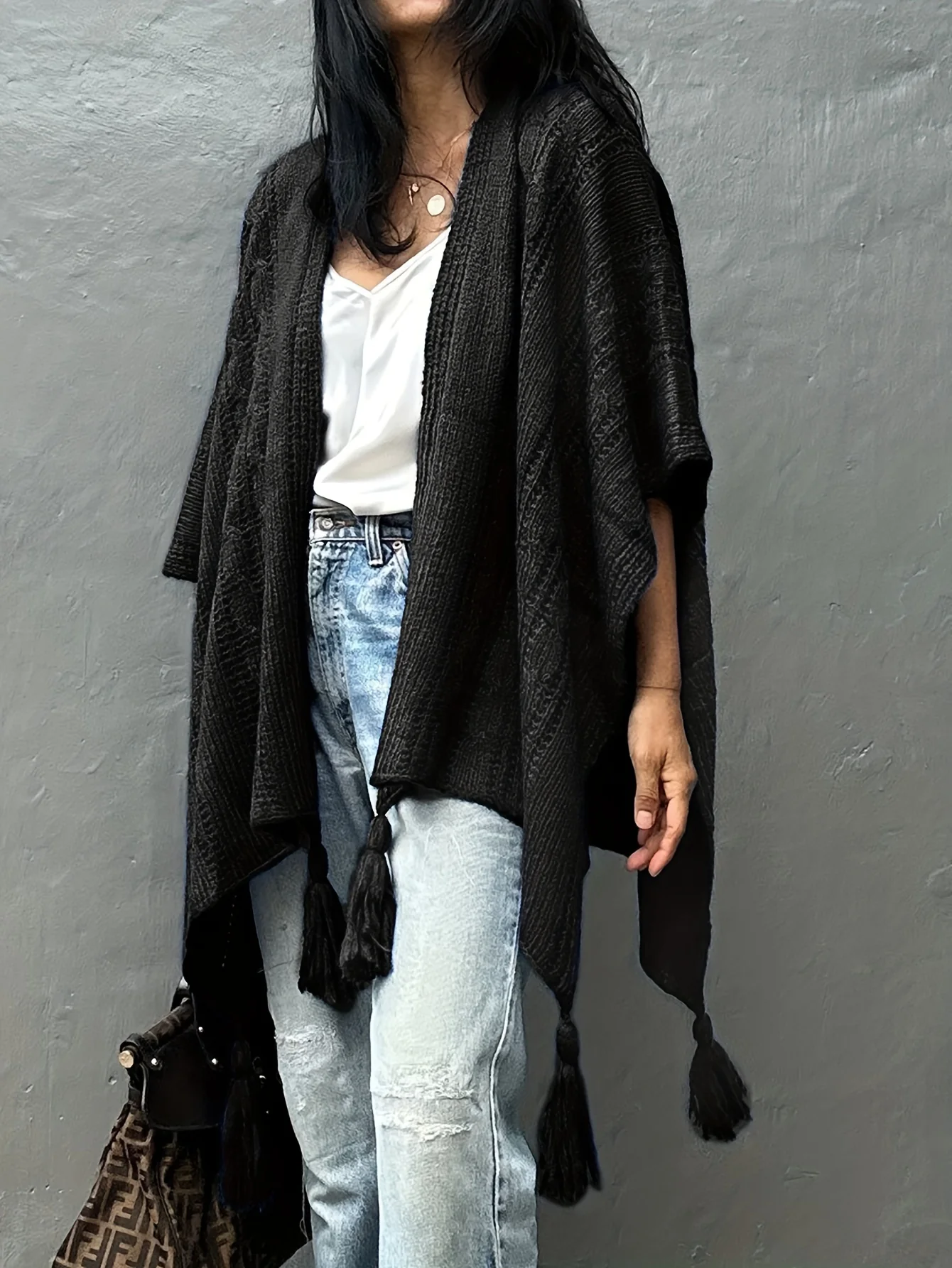 deanwangkt Plus Size Casual Cover Up, Women's Plus Solid Cape Sleeve Tassel Hem Beach Cover Up - Deanwangkt