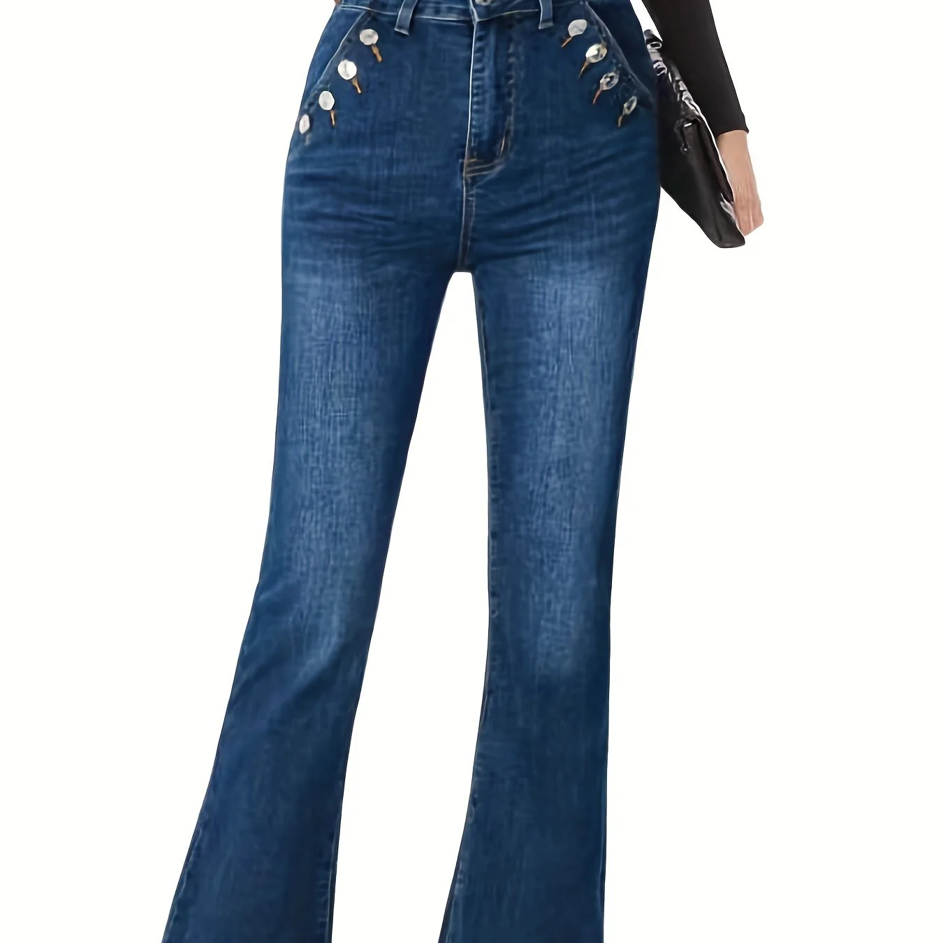 Blue Mid Stretch Flare Jeans, Slant Pockets Double Single-Breasted Button Decor Bell Bottom Jeans, Women's Denim Jeans & Clothing - Deanwangkt